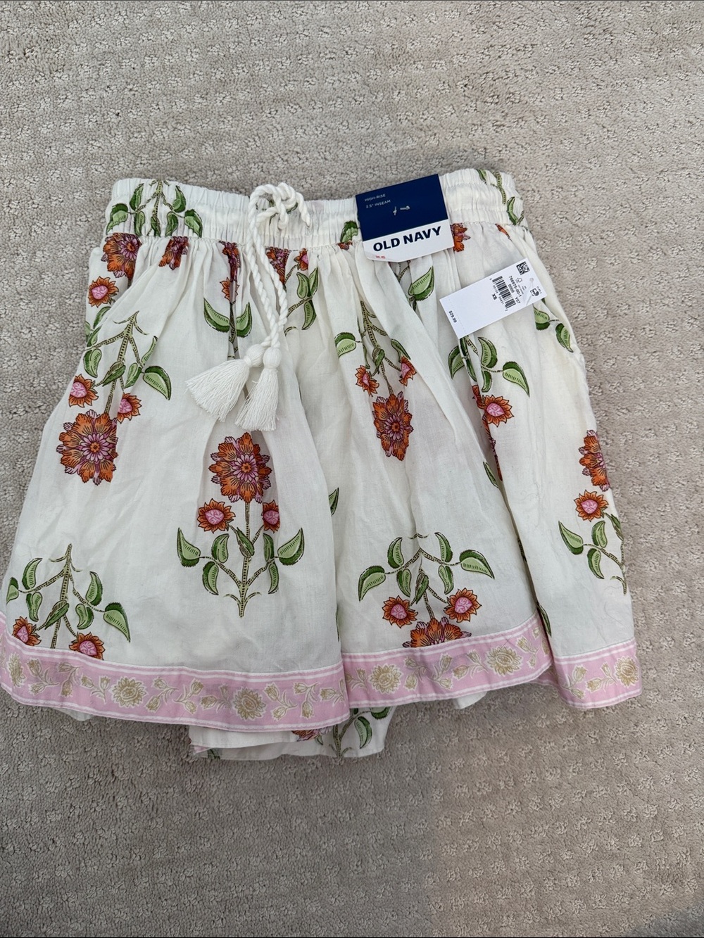 Old Navy Cream Floral Drawstring Skort with Pink Trim